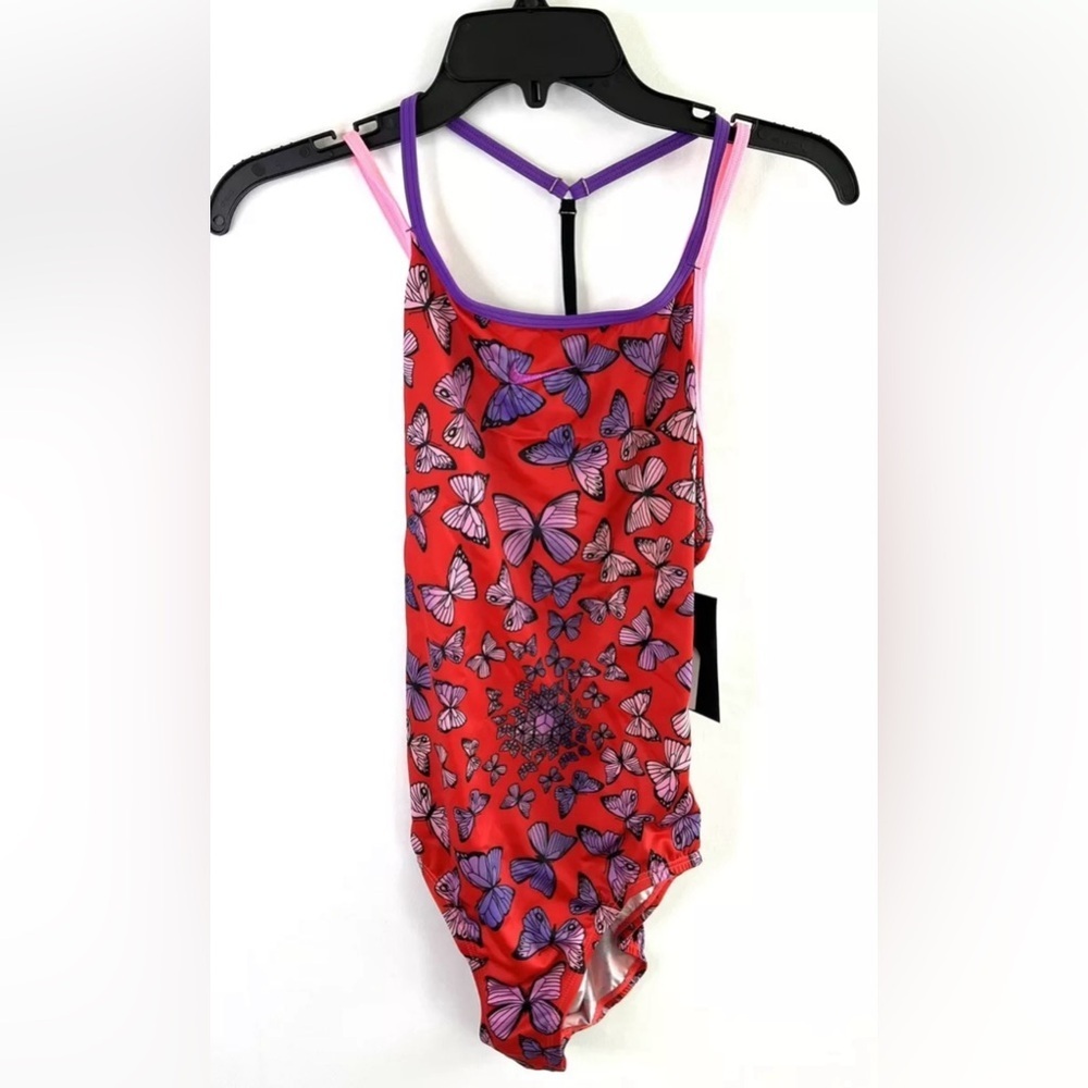 Nike Girl’s Crossback One Piece Red Butterfly Print Swimsuit Size XL